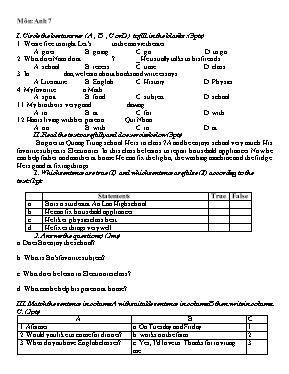 Đề kiểm tra học kỳ I Tiếng anh khối 7